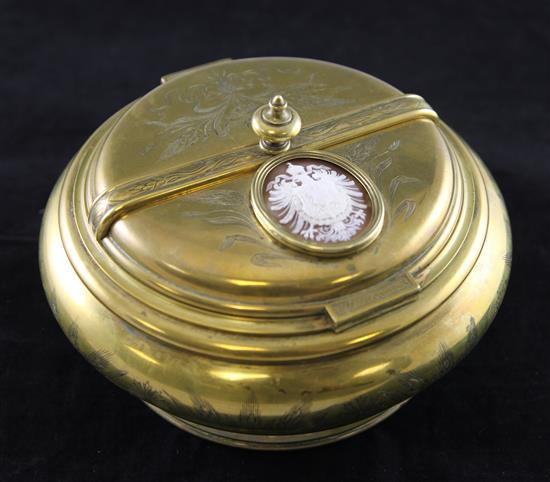 A 19th century cameo inset brass table snuff box, 8.5in.